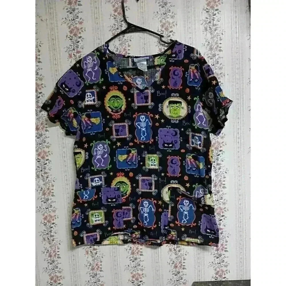 SB Halloween "Boo" Medical Scrub Top Women's Size M Halloween Spooky